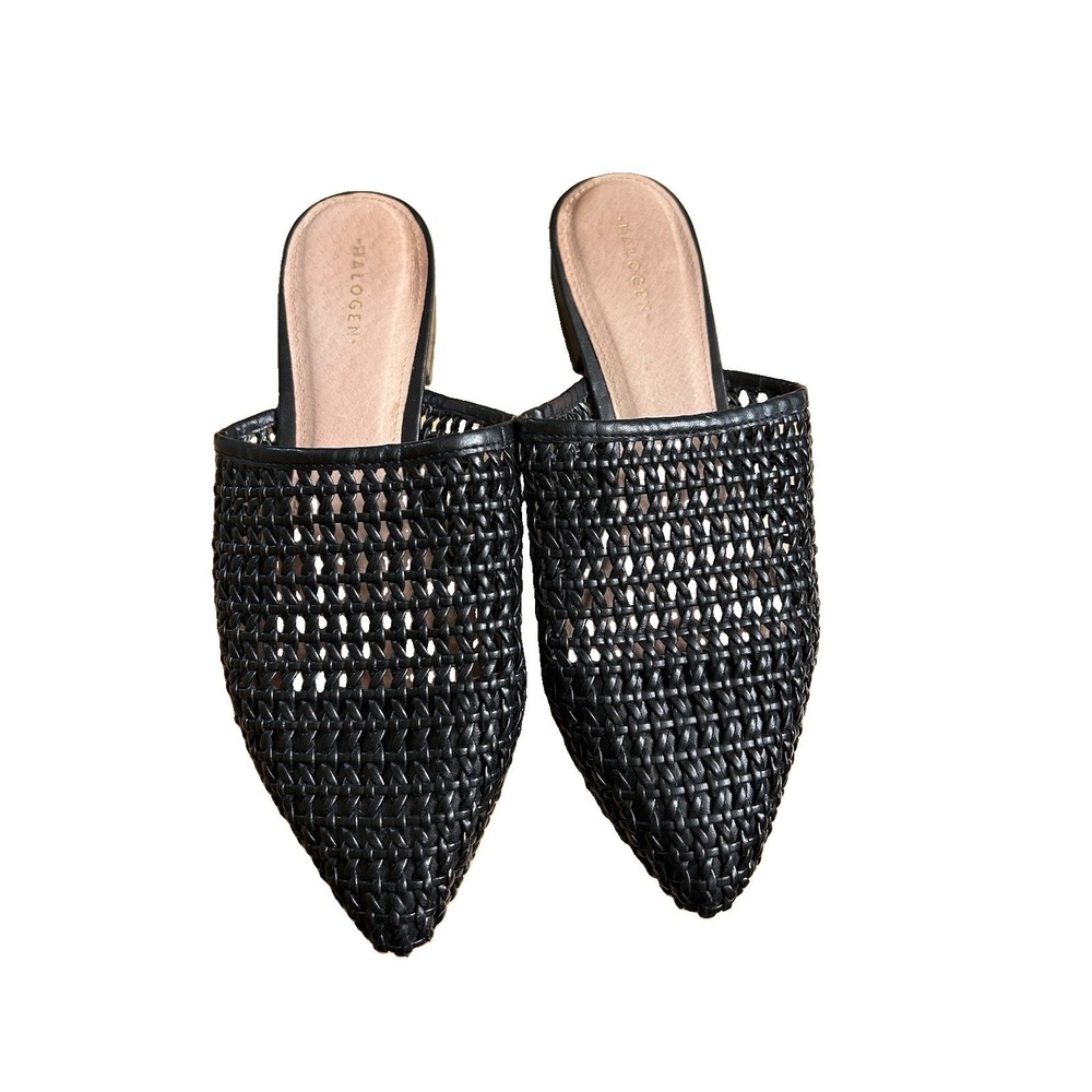 Halogen Black Woven Pointed Toe Mules Slip On Low Block Heel Flats Size 6.5M